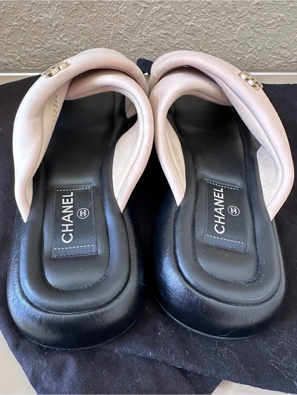 CHANEL Pink Crossband Slide Sandals with Gold CC